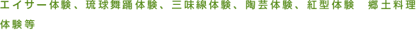 エイサー体験、琉球舞踊体験、三味線体験、陶芸体験、紅型体験　郷土料理体験等